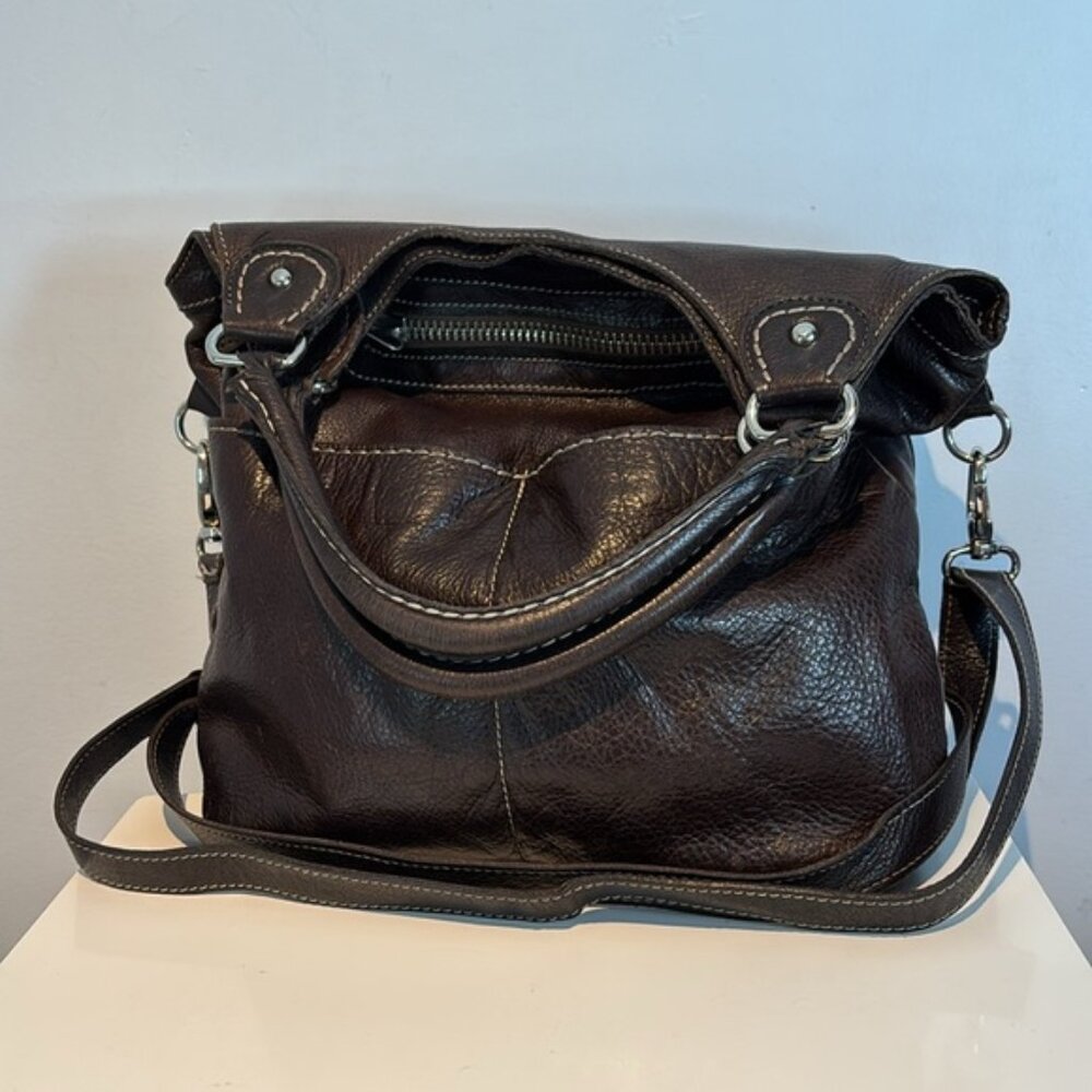 Roots Lauren Espresso Soft Leather Fold over Shoulder hobo Bag/crossbody